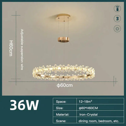 Modern gold crystal ring led chandelier with iron-crystal frame and dangling flower ornaments for dining room decorbites crystal ring