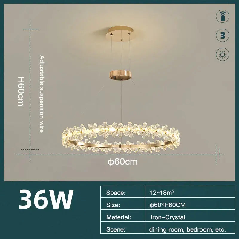 Modern gold crystal ring led chandelier with iron-crystal frame and dangling flower ornaments for dining room decorbites crystal ring