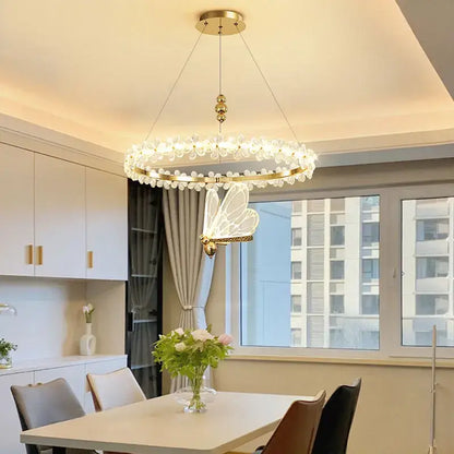 Modern gold crystal ring led chandelier with clear crystal droplets and butterfly pendant for dining room decorbites crystal ring