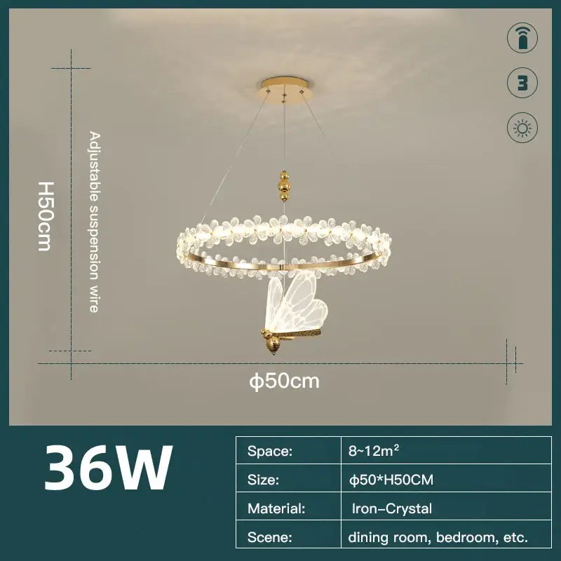 Delicate gold-toned modern crystal ring led chandelier with iron-crystal butterfly pendant for dining room decorbites decor
