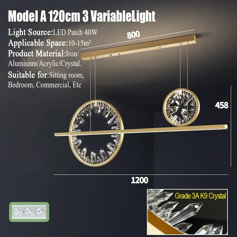 Modern gold crystal ring led chandelier with two circular crystal ring pendants featuring grade 3a k9 crystal accents