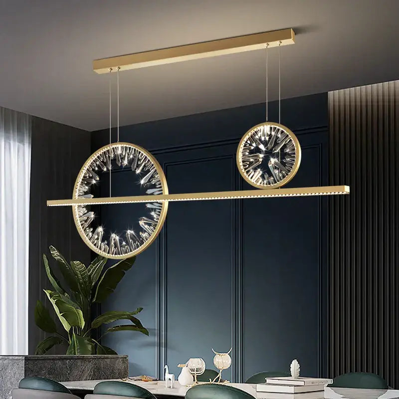Modern gold crystal ring led chandelier pendant light with circular crystal accents and sleek horizontal bar design