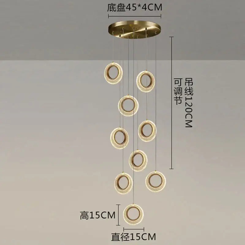Modern gold crystal ring led chandelier with seven glowing textured brass-finished rings for kitchen decorbites crystal ring