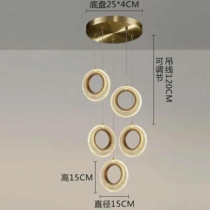 Modern gold crystal ring led chandelier with five brass-finished circular crystal rings for kitchen decorbites crystal ring