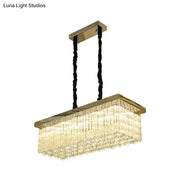 Gold-toned DecorBites LED rectangular chandelier with cascading crystal rods and warm white lighting for dining room