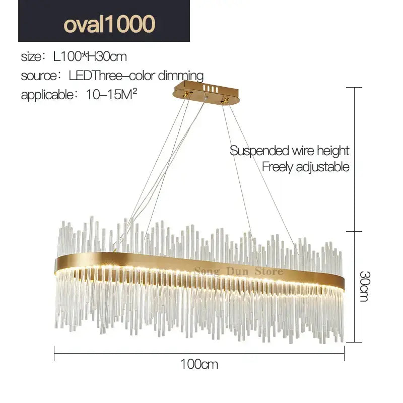 Modern gold crystal rod round chandelier with clear glass rods and led three-color dimming lights for living room decorbites crystal rod
