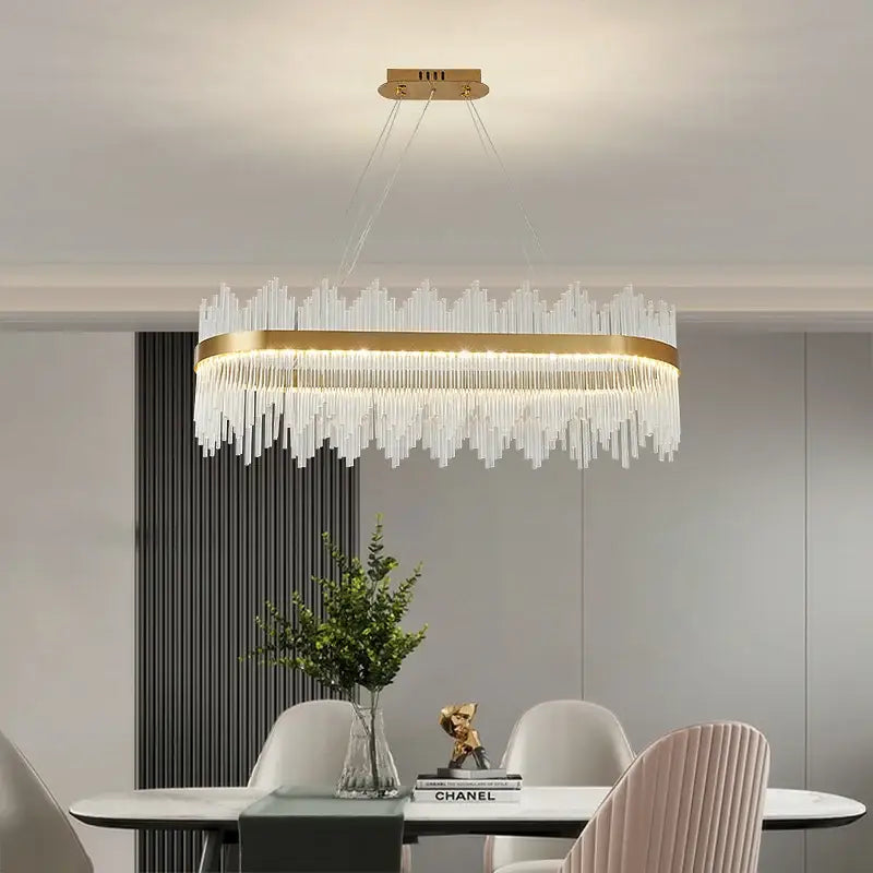 Modern gold crystal rod round chandelier with oval frame and cascading clear prisms for living room decorbites crystal rod