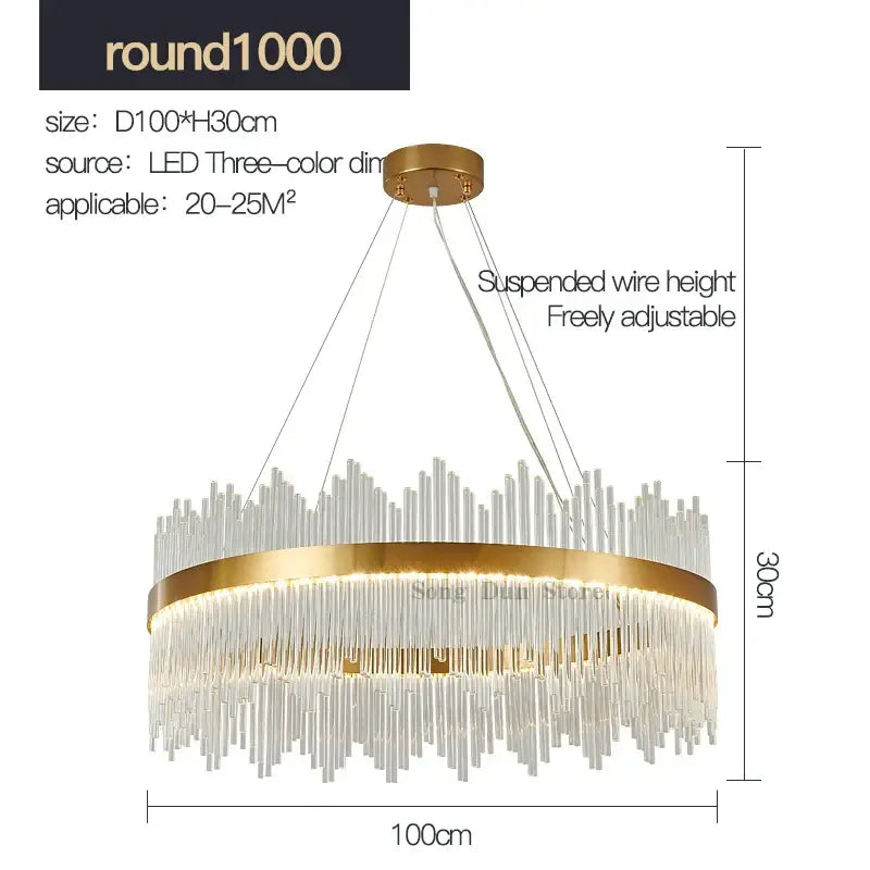 Modern gold crystal rod round chandelier with clear glass rods and adjustable suspended wires for living room decorbites crystal rod lighting