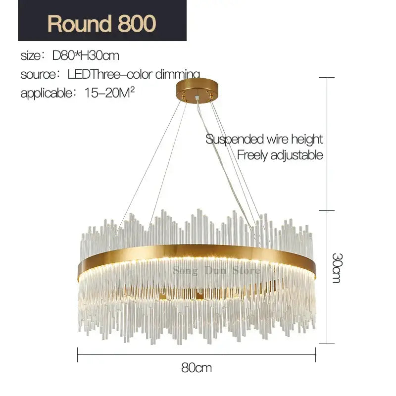 Modern gold crystal rod round chandelier featuring clear glass rods and a three-color dimmable led light source