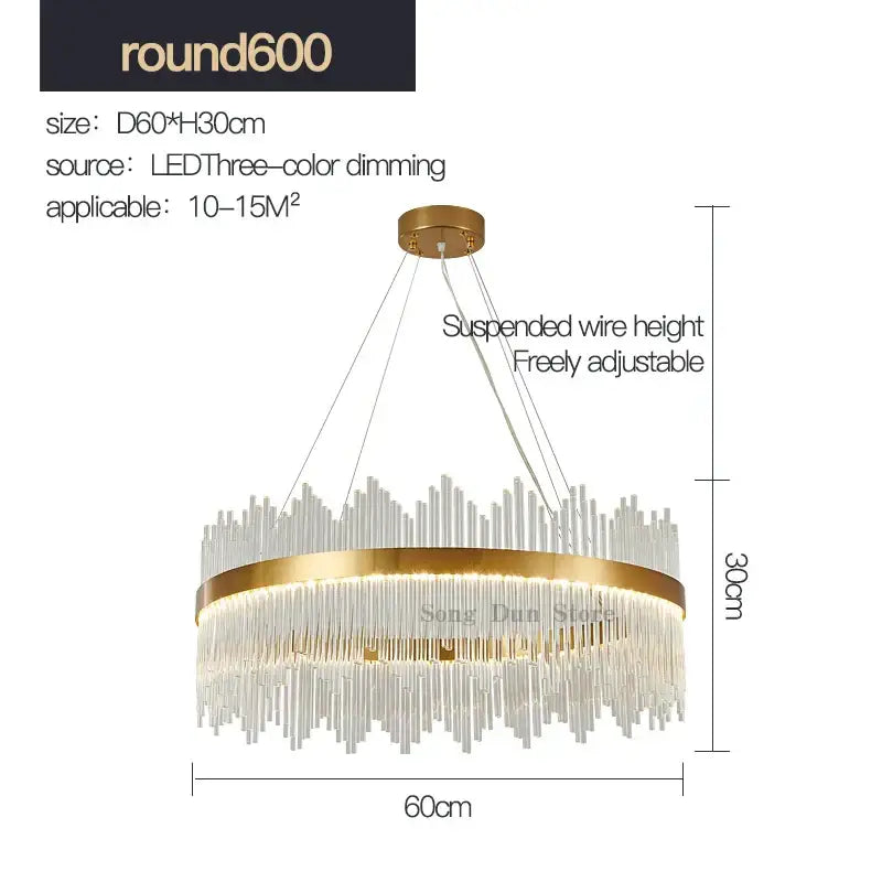 Modern gold crystal rod round chandelier with clear glass rods and adjustable suspended wire height for living room decorbites crystal rod