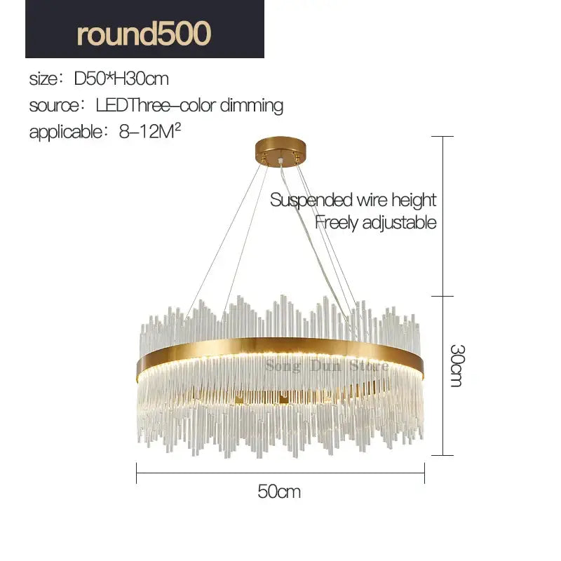 Modern gold crystal rod round chandelier with clear glass rods and central led light for living room decorbites crystal rod