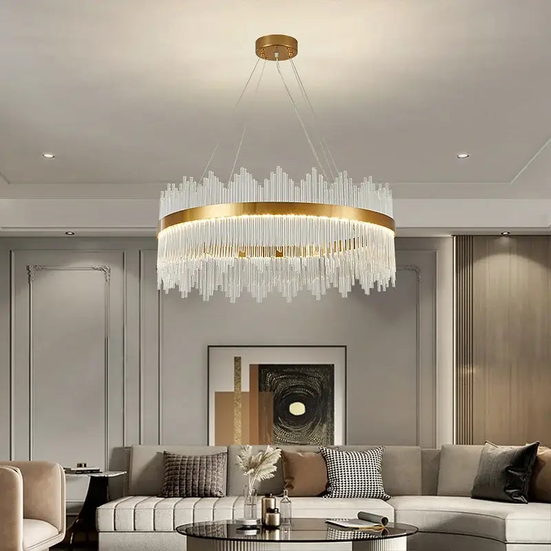 Modern gold crystal rod round chandelier with cascading clear rods for elegant living room decorbites crystal rod lighting