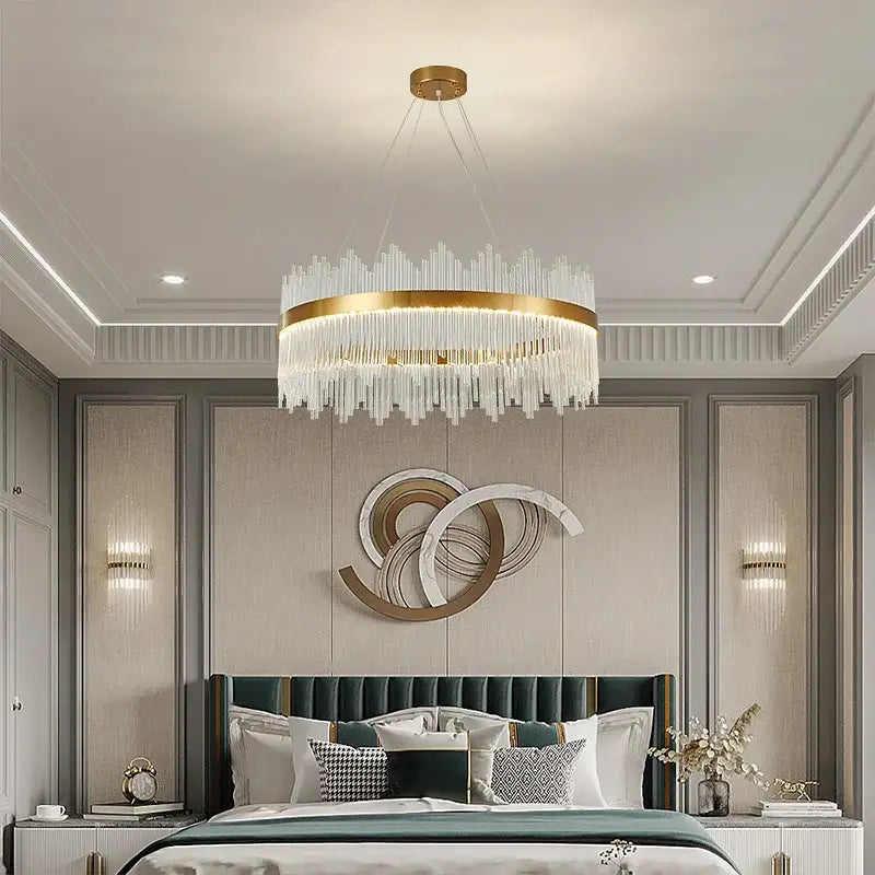 Modern gold crystal rod round chandelier featuring clear crystal prisms on a circular frame for living room decorbites crystal rod
