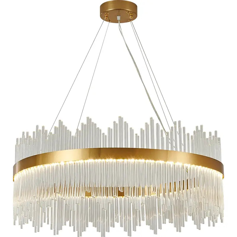 Modern gold crystal rod round chandelier with gold-toned metal frame and clear glass rods illuminated for living room decorbites crystal rod