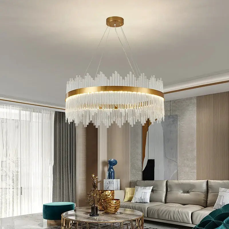 Modern gold crystal rod round chandelier featuring cascading clear crystal rods for elegant living room decorbites crystal rod lighting