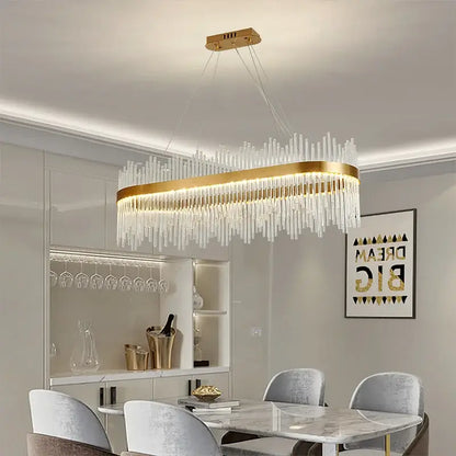 Modern gold crystal rod round chandelier with cascading clear rods for elegant living room decorbites crystal rod lighting