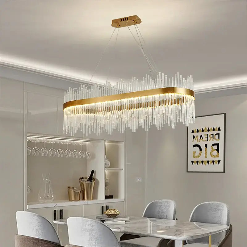 Modern gold crystal rod round chandelier with cascading clear rods for elegant living room decorbites crystal rod lighting