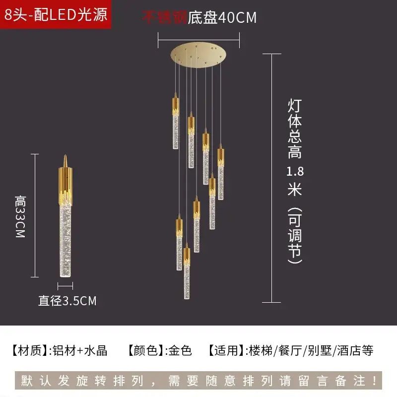 Modern gold crystal rotating staircase chandelier with eight crystal-encased led lights and stainless steel base
