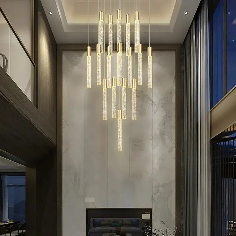 Modern gold-toned crystal rotating staircase chandelier with vertical cylindrical rods and embedded led lights for living room decorbites crystal rotating design