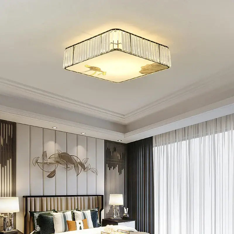 Modern gold crystal round ceiling light with clear crystal panels and gold-toned decorative fish motifs for bedroom decorbites crystal round ceiling