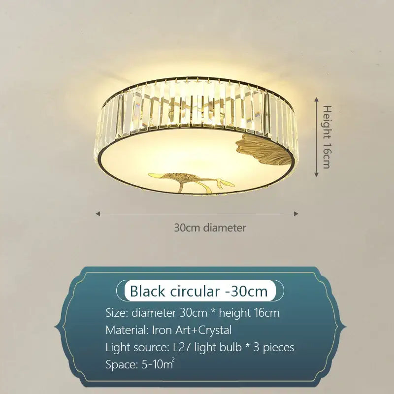 Modern gold crystal round ceiling light with black iron frame, vertical crystal rods, and gold leaf decorbites crystal round