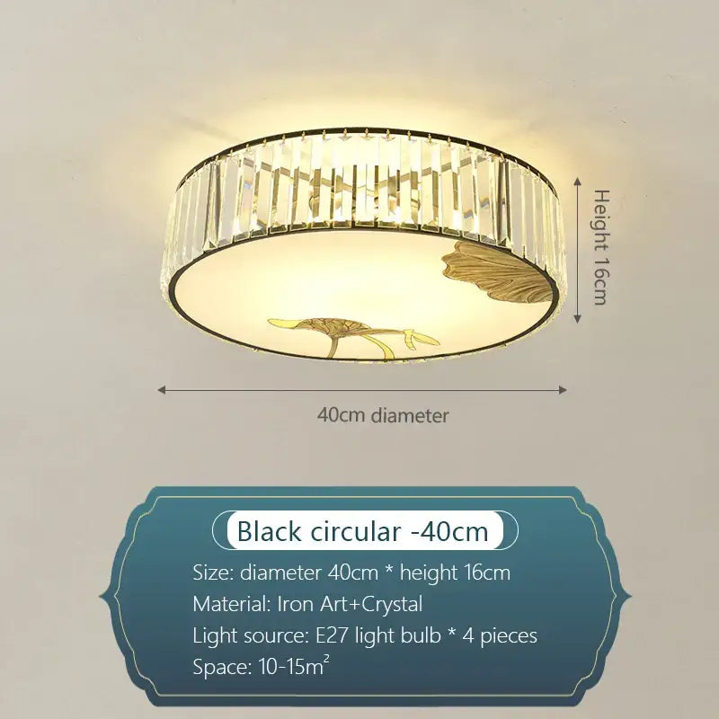 Black circular crystal round ceiling light with vertical crystal rods and gold leaf motifs for modern bedroom decorbites decor