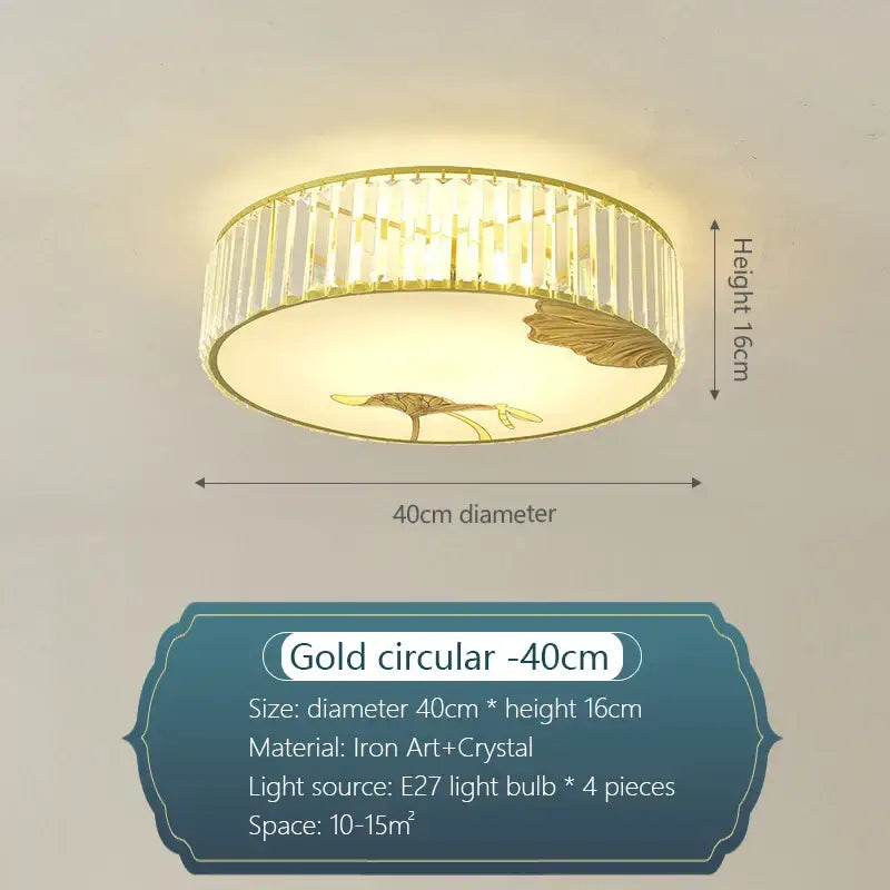 Modern gold crystal round ceiling light with iron art frame vertical crystal rods and golden leaf decorbites crystal round