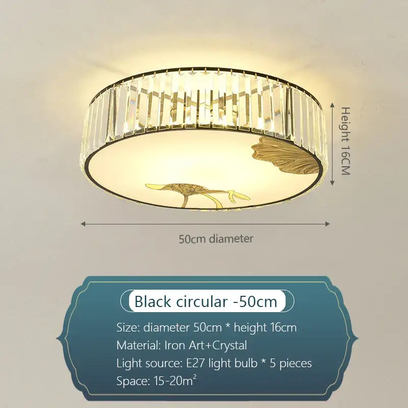 Modern gold crystal round ceiling light with black frame clear crystal rods and gold leaf bird decorbites crystal round design