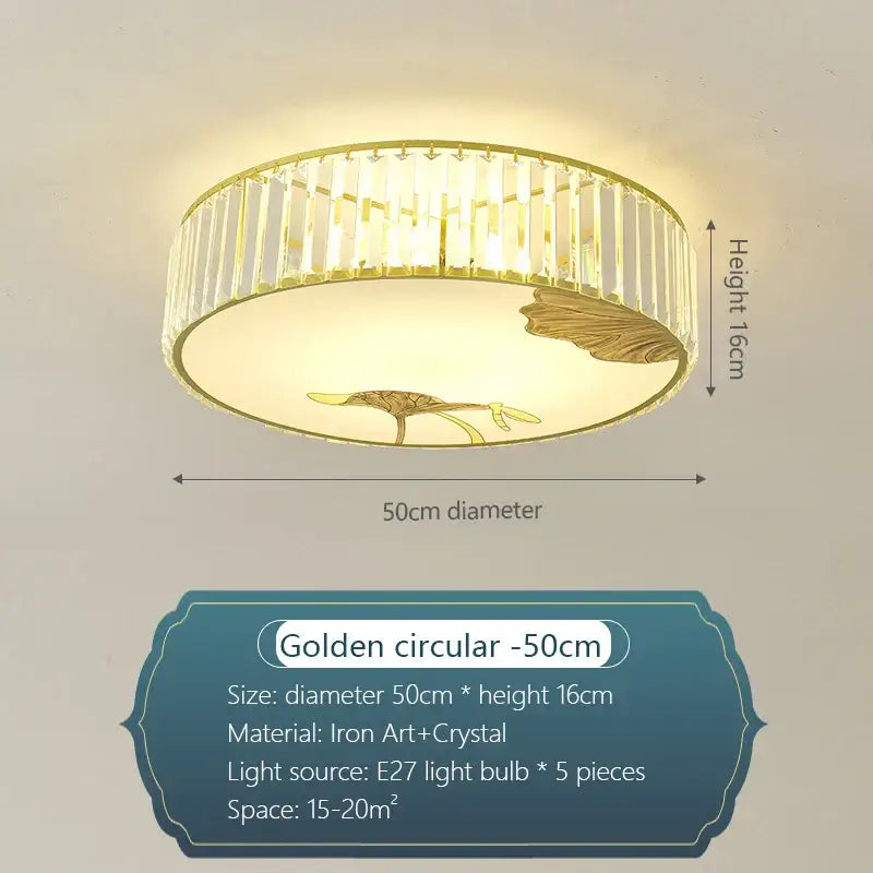 Modern gold decorbites crystal round ceiling light with vertical crystal rods and gold leaf diffuser for bedroom decor