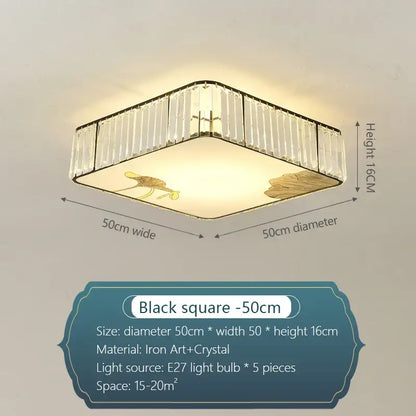 Modern gold crystal round ceiling light with black iron frame, clear crystal bars, and gold-toned leaf decor for bedroom