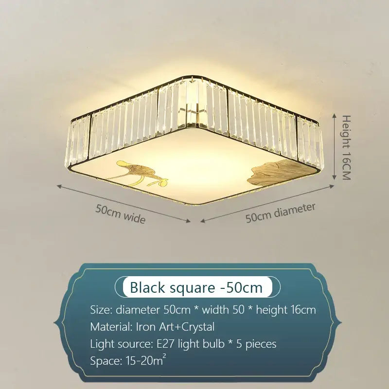 Modern gold crystal round ceiling light with black iron frame, clear crystal bars, and gold-toned leaf decor for bedroom