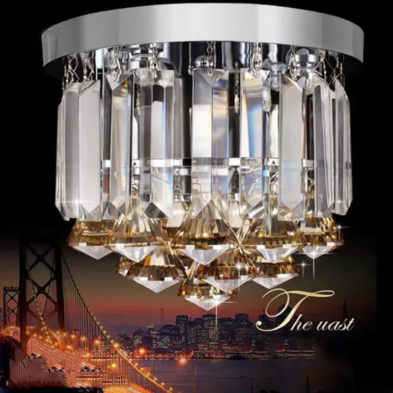 Modern gold crystal round ceiling lights featuring a chrome base and faceted prisms for luxe living room decorbites crystal round