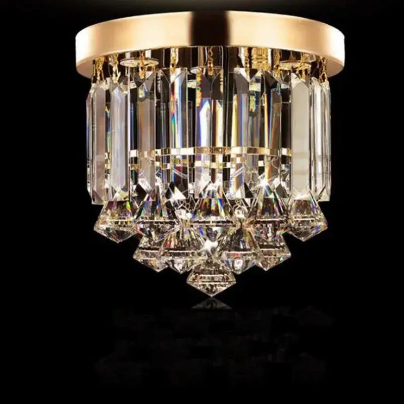 Modern gold crystal round ceiling lights with cascading clear prisms for luxe living room decorbites crystal round ceiling