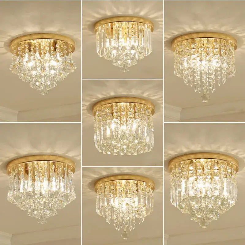 Modern gold crystal round ceiling lights featuring a gold-finished crystal round chandelier with clear glass prisms