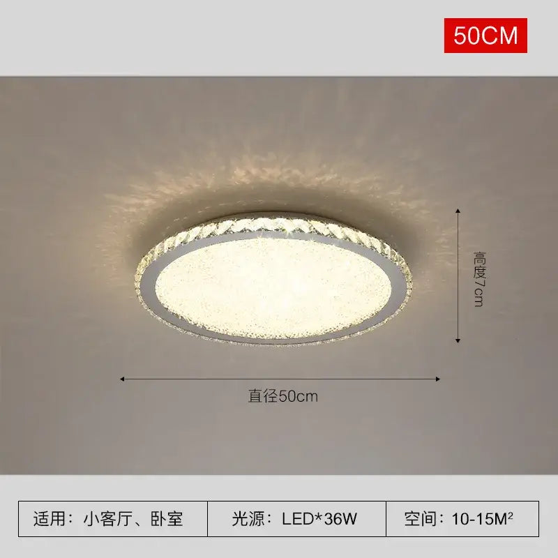 Modern gold crystal round led ceiling light with sparkling crystal-encrusted rim and frosted panel, 50cm diameter decorbites crystal round