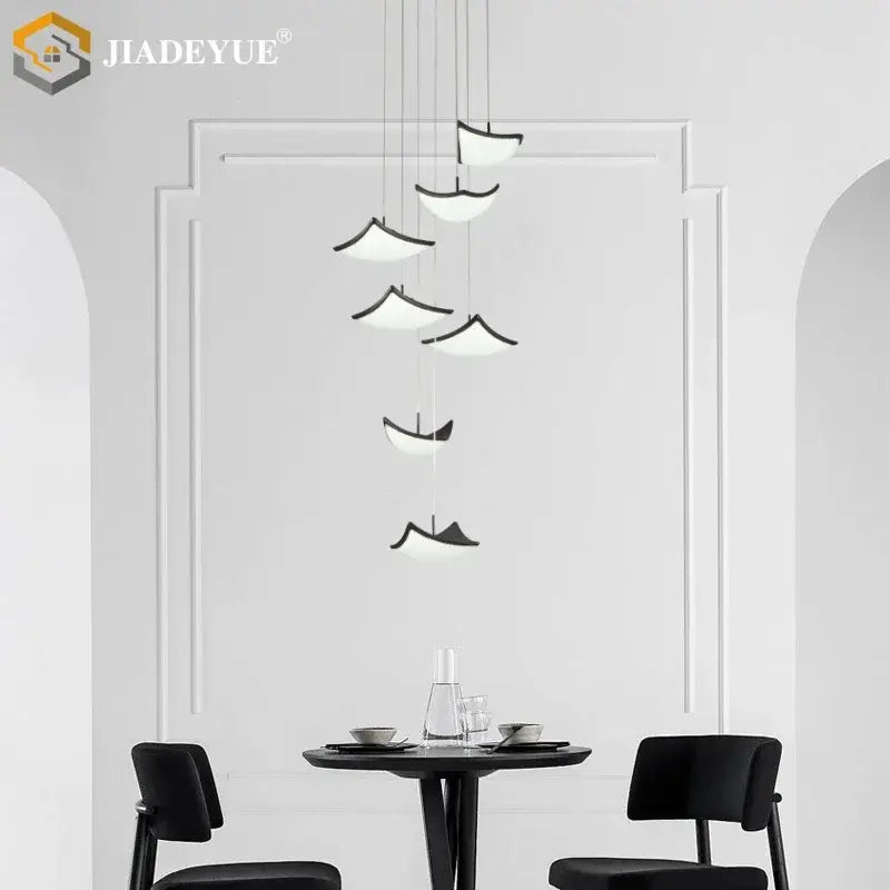 Modern gold crystal sand staircase chandelier with black and white sailboat pendant lights for dining room decorbites crystal sand