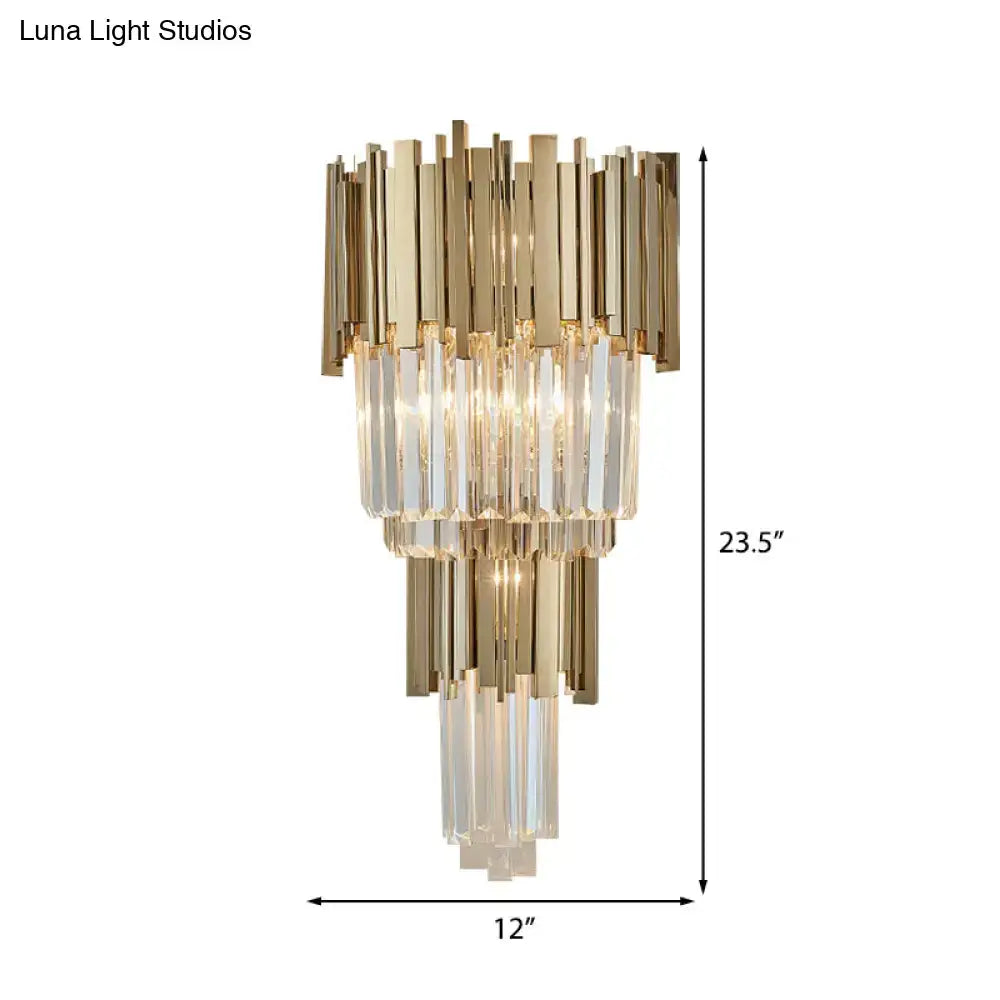 Modern gold crystal sconce light with tiered polished metal rods and faceted prisms for 110v-120v use