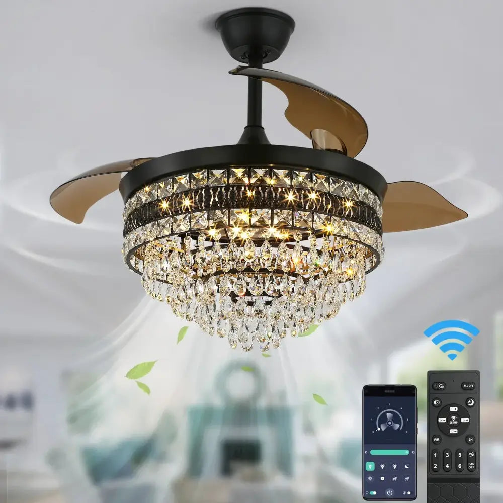 Black wrought iron smart ceiling fan with gold-toned blades and crystal chandelier light for modern living room