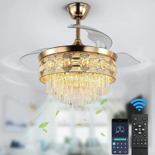 Modern gold crystal smart ceiling fan with transparent blades and chandelier accents for elegant living room use