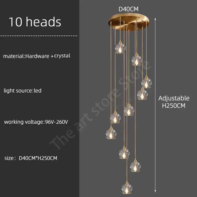 Modern gold crystal stainless steel staircase chandelier with ten crystal globe lights for living room decorbites crystal stainless