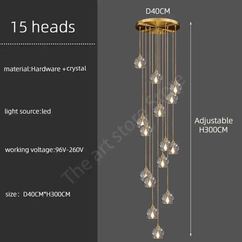 Modern gold crystal stainless steel staircase chandelier featuring 15 globe lights on circular base decorbites crystal stainless
