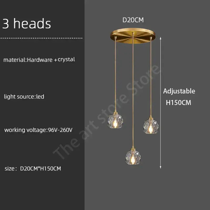 Modern gold crystal stainless steel staircase chandelier with gold-toned three-head pendant light and adjustable chains