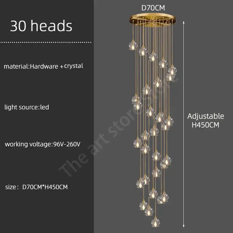 Modern gold crystal stainless steel staircase chandelier with 30 globe lights for living room decorbites crystal stainless