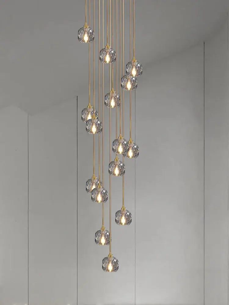 Modern gold crystal stainless steel staircase chandelier with cascading clear glass globe lights for living room decorbites crystal stainless