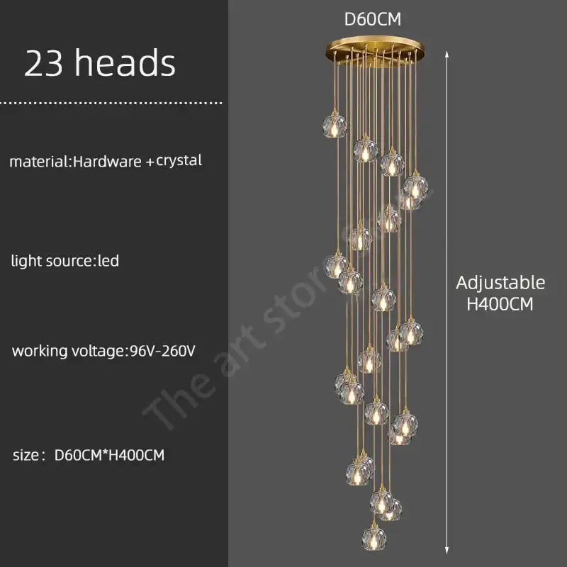 Modern gold crystal stainless steel staircase chandelier with 23 globe lights by decorbites crystal stainless decor