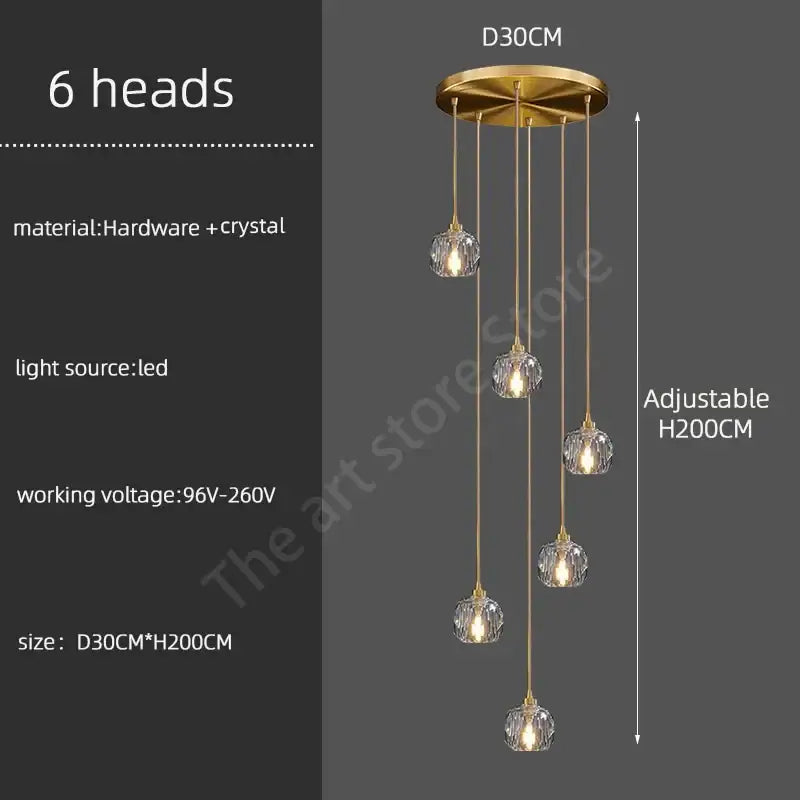Modern gold crystal stainless steel staircase chandelier with six hanging globe lights for living room decorbites crystal stainless