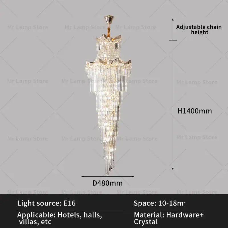 Modern gold crystal stair chandelier with cascading clear crystals and adjustable chain from decorbites crystal stair collection