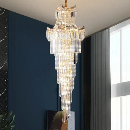 Modern gold crystal stair chandelier with cascading clear glass prisms and gold-toned metal for living room decorbites crystal stair