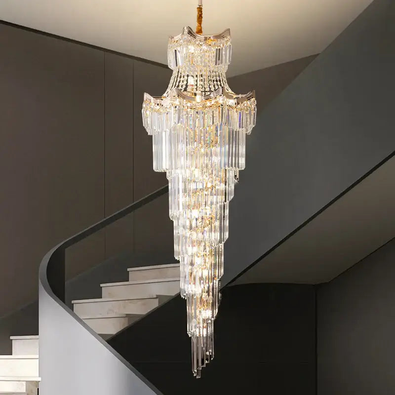 Modern gold crystal stair chandelier with cascading clear glass rods and gold accents for living room decorbites crystal stair