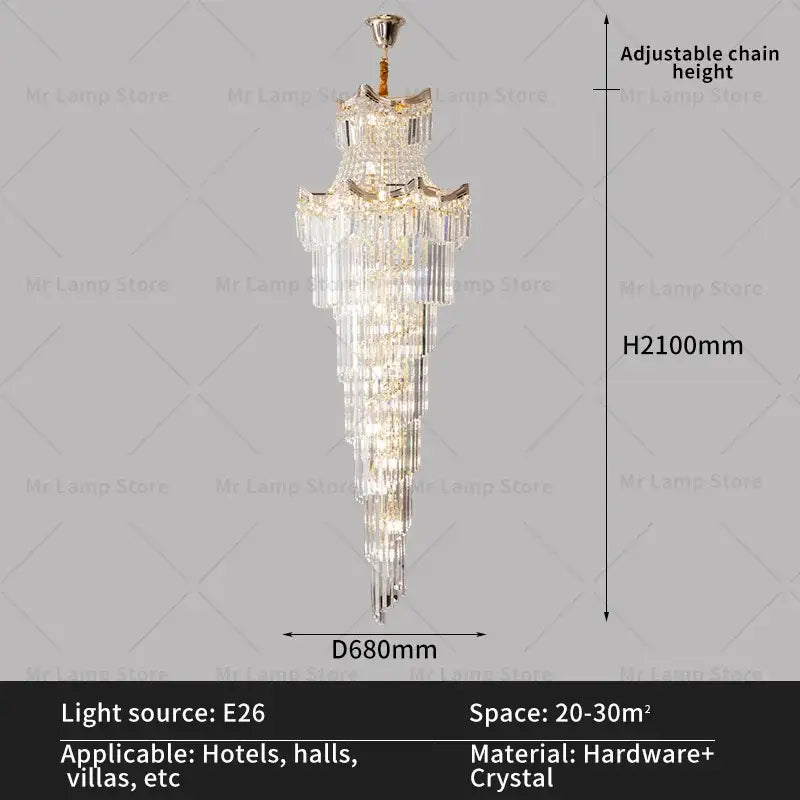 Modern gold crystal stair chandelier with metallic frame and cascading clear glass prisms by decorbites crystal stair